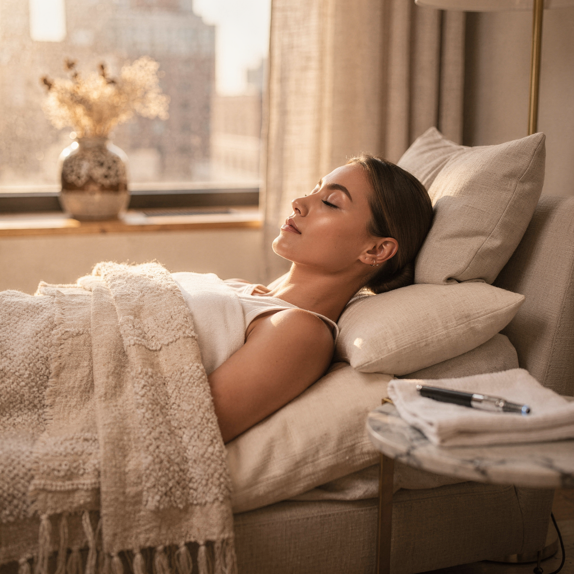 Woman relaxing on a couch by a window overlooking a city skyline
